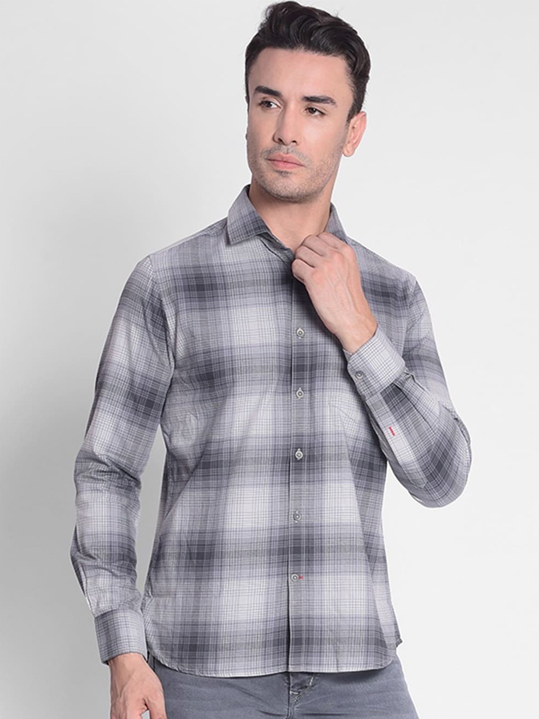

Crimsoune Club Slim Fit Grid Tattersall Checked Pure Cotton Casual Shirt, Grey