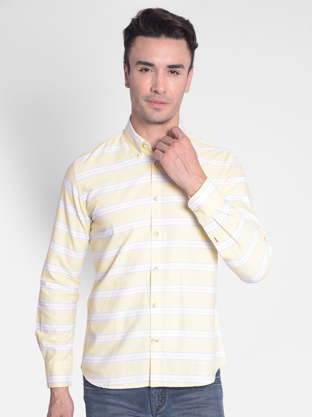 

Crimsoune Club Horizontal Striped Slim Fit Pure Cotton Casual Shirt, Yellow