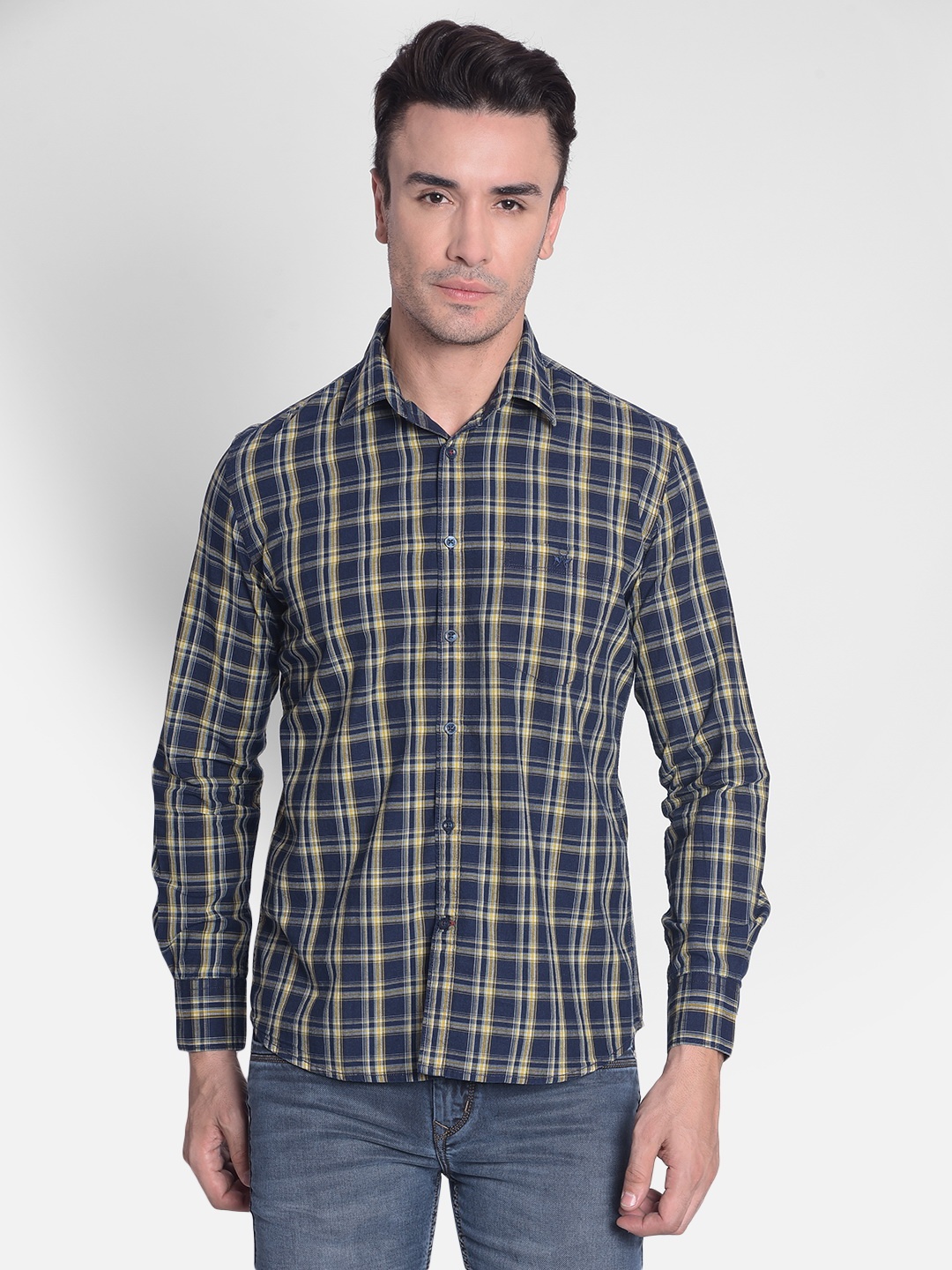 

Crimsoune Club Slim Fit Checked Pure Cotton Casual Shirt, Yellow