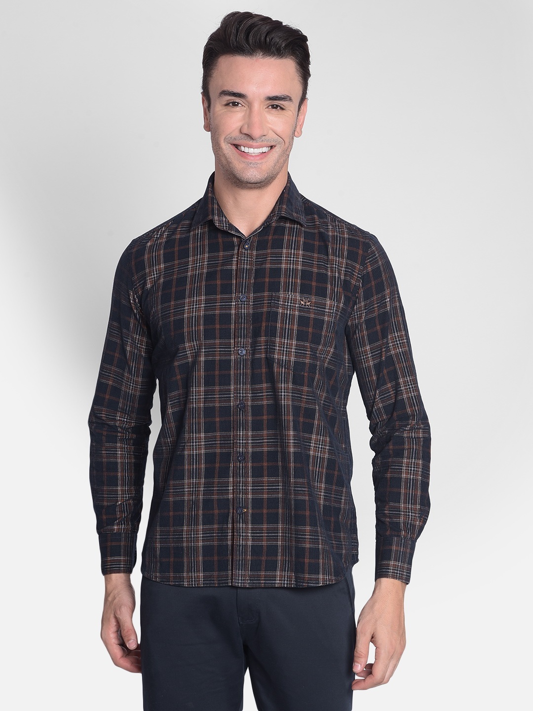 

Crimsoune Club Slim Fit Tartan Checked Pure Cotton Casual Shirt, Brown