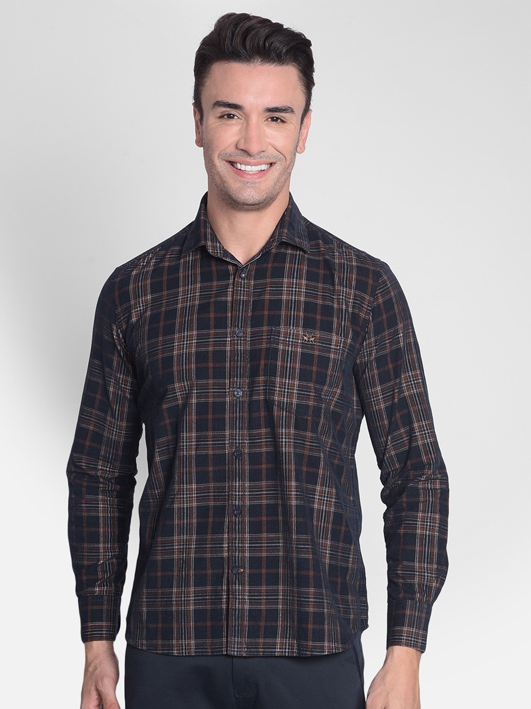

Crimsoune Club Slim Fit Tartan Checks Spread Collar Cotton Casual Shirt, Brown