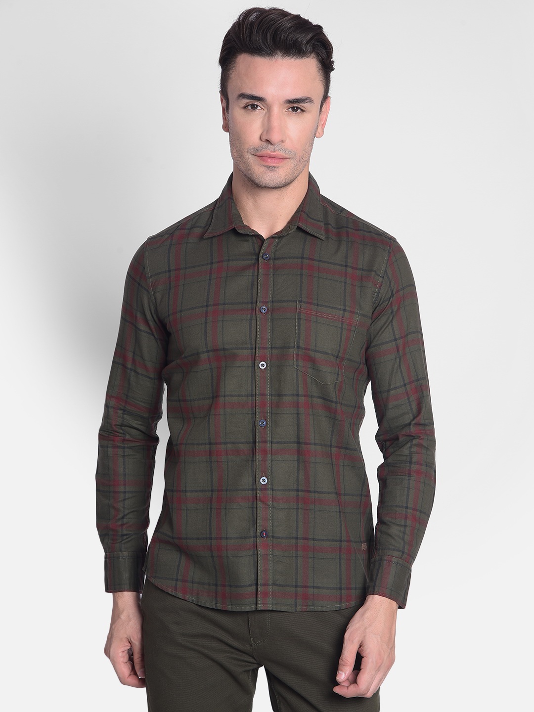 

Crimsoune Club Checked Slim Fit Cotton Casual Shirt, Olive