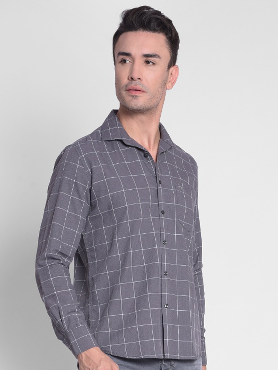 

Crimsoune Club Slim Fit Windowpane Checked Cotton Casual Shirt, Grey