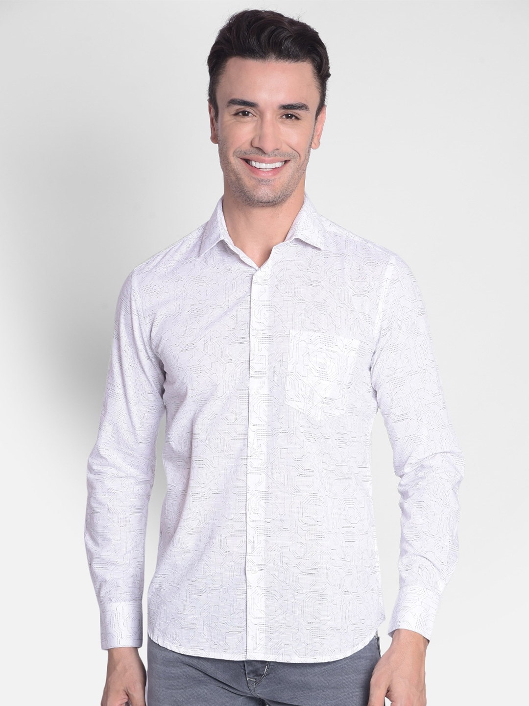 

Crimsoune Club Slim Fit Graphic Printed Spread Collar Cotton Casual Shirt, White