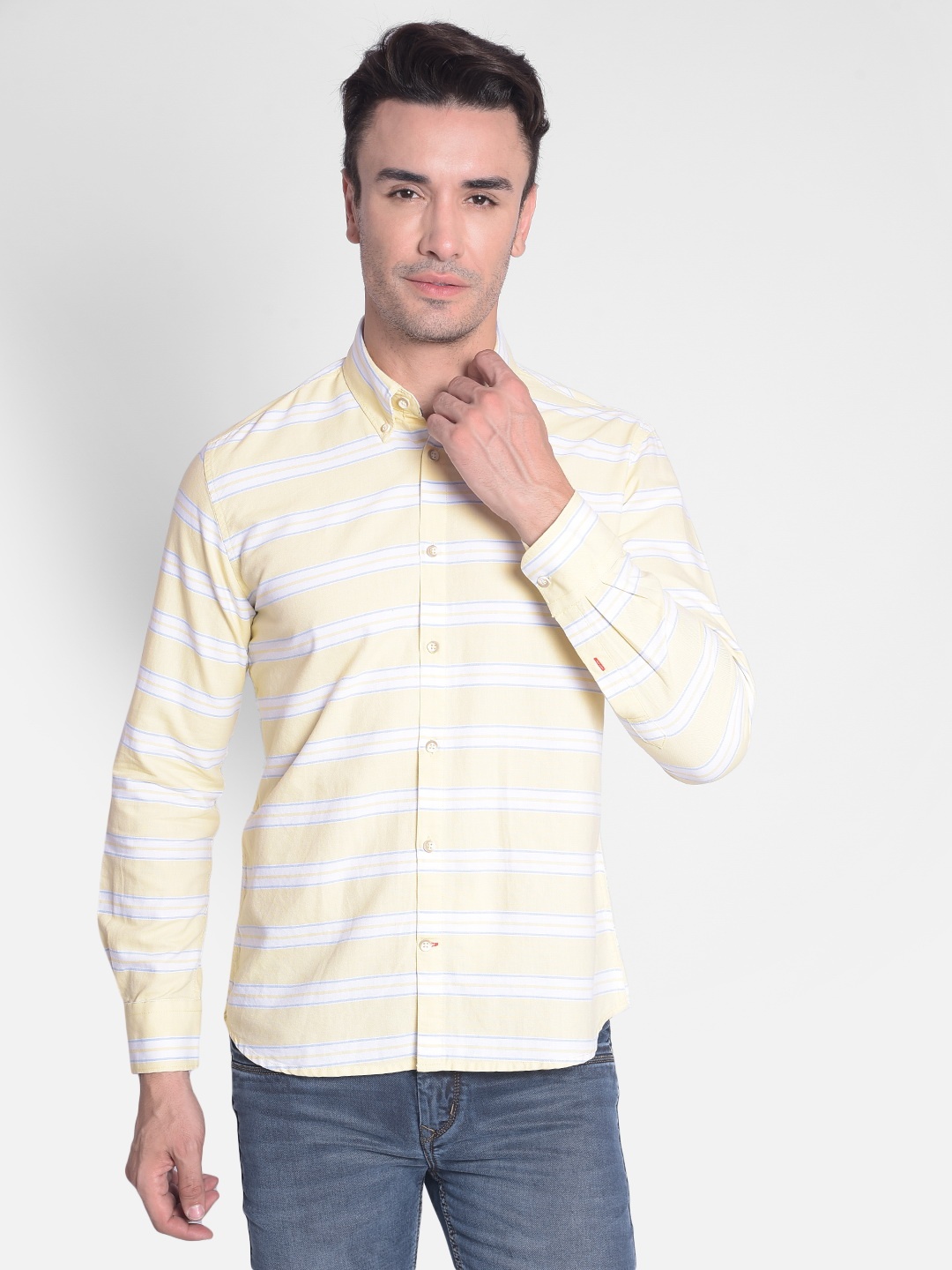 

Crimsoune Club Slim Fit Horizontal Striped Button-Down Collar Pure Cotton Casual Shirt, Yellow