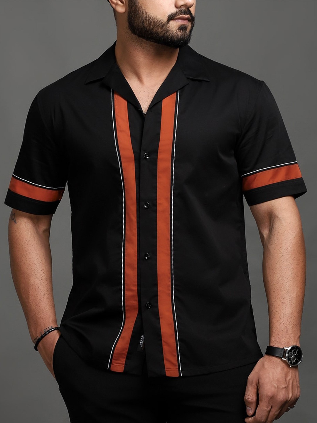 

CESARI LONDON Spread Collar Striped Premium Casual Pure Cotton Shirt, Black