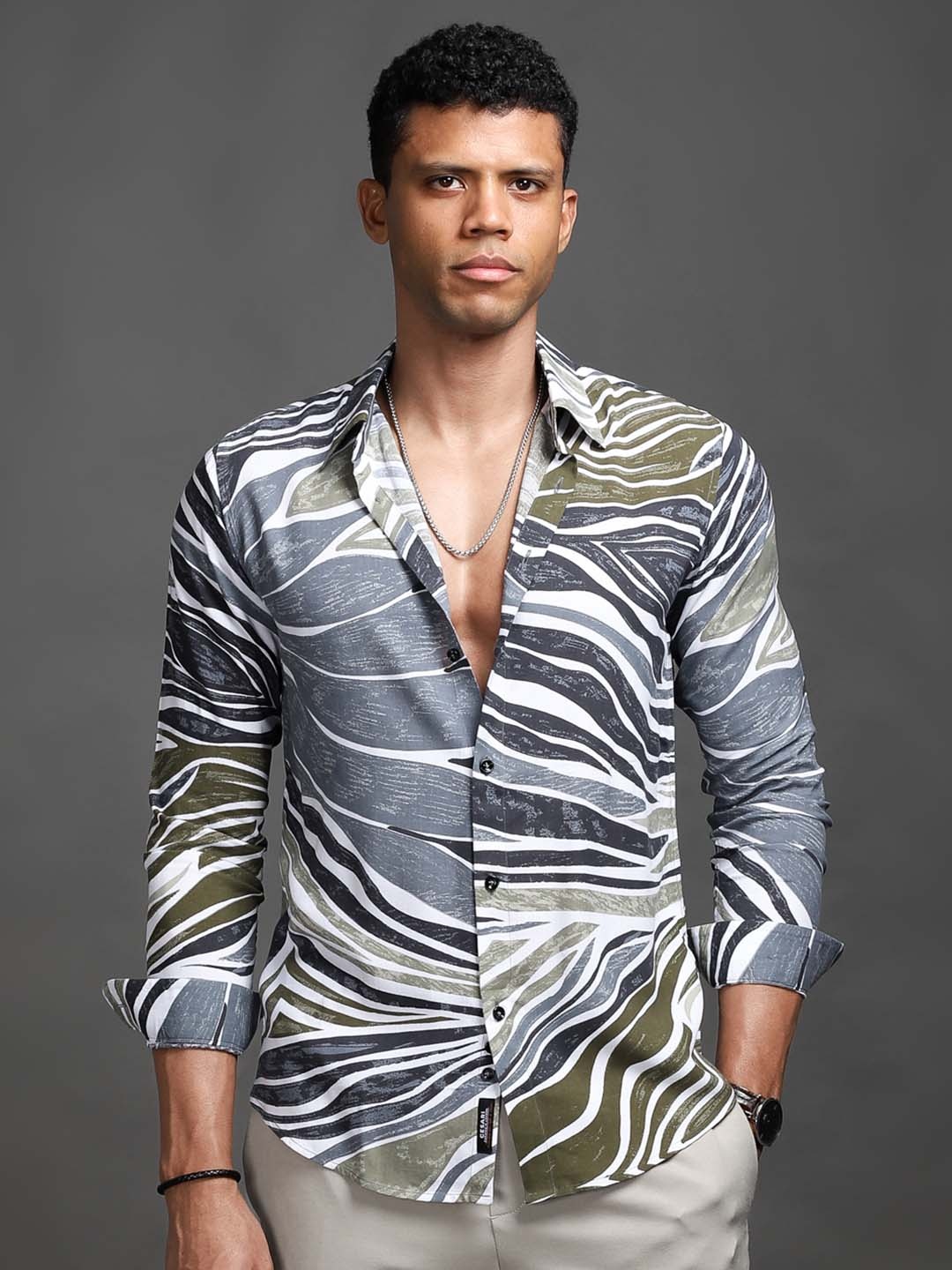 

CESARI LONDON Comfort Slim Fit Abstract Printed Casual Shirt, Grey