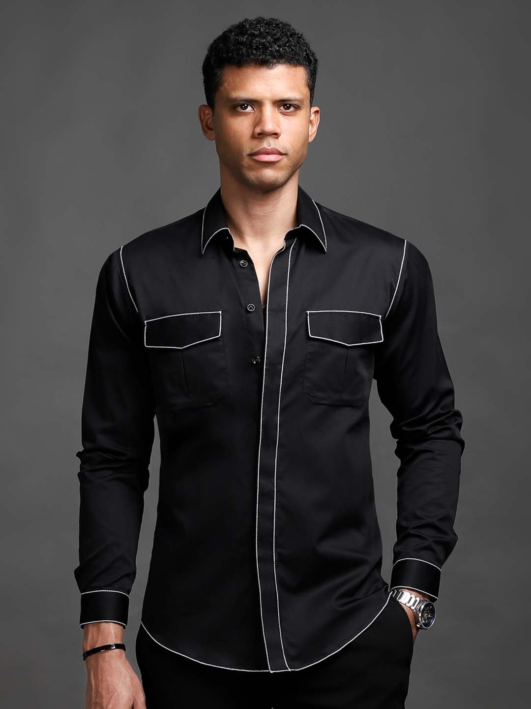 

CESARI LONDON Premium Slim Fit Cotton Casual Shirt, Black