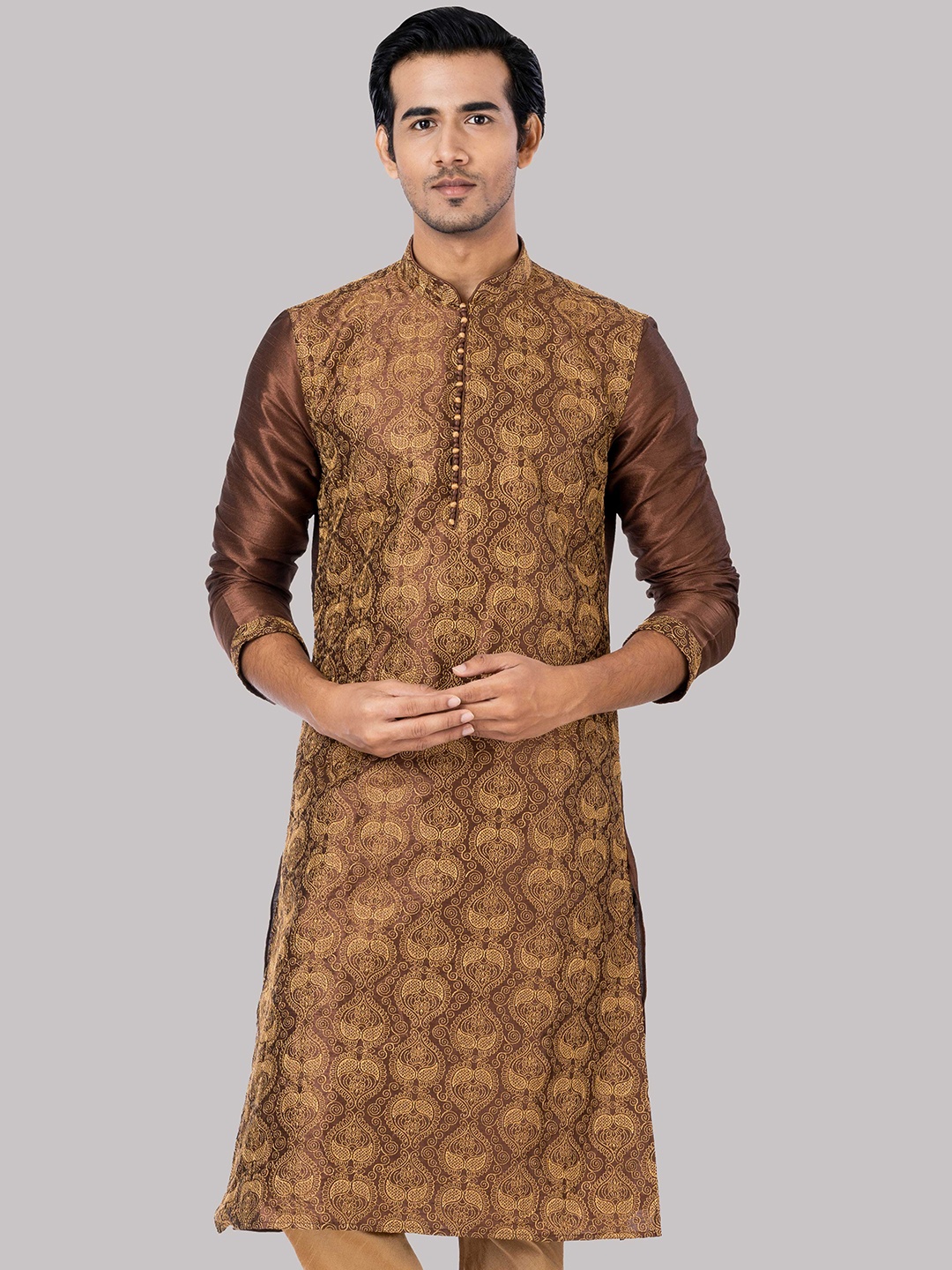 

ROOTED LIBAAS Men Brown Thread Work Kurta