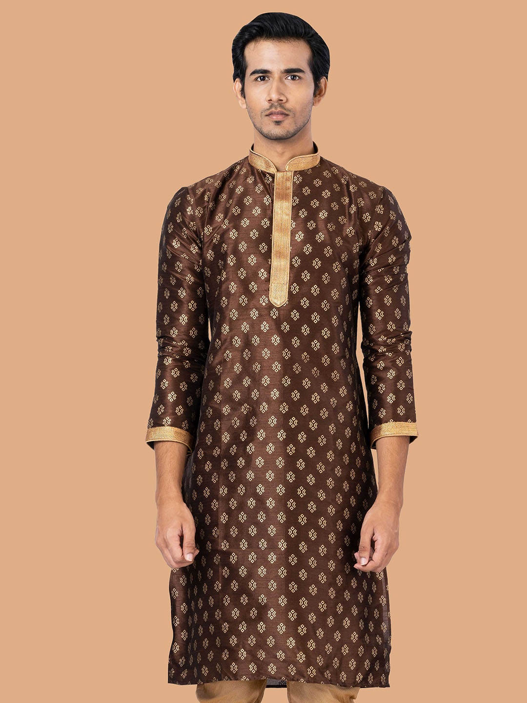 

ROOTED LIBAAS Men Brown Keyhole Neck Flared Sleeves Kurta