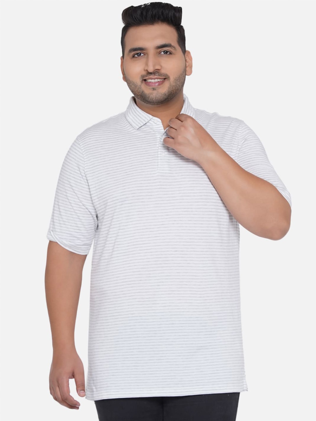 

Santonio Plus Size Striped Polo Collar Cotton T-shirt, Black