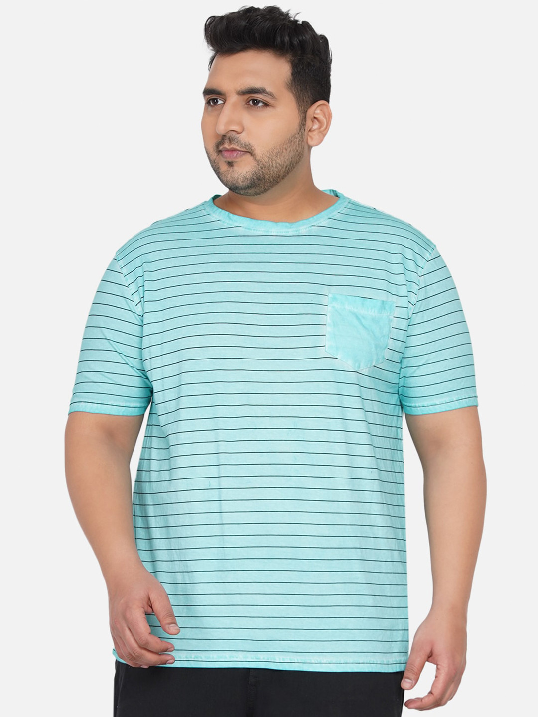 

Santonio Plus Size Striped Pockets Detail Cotton T-shirt, Blue