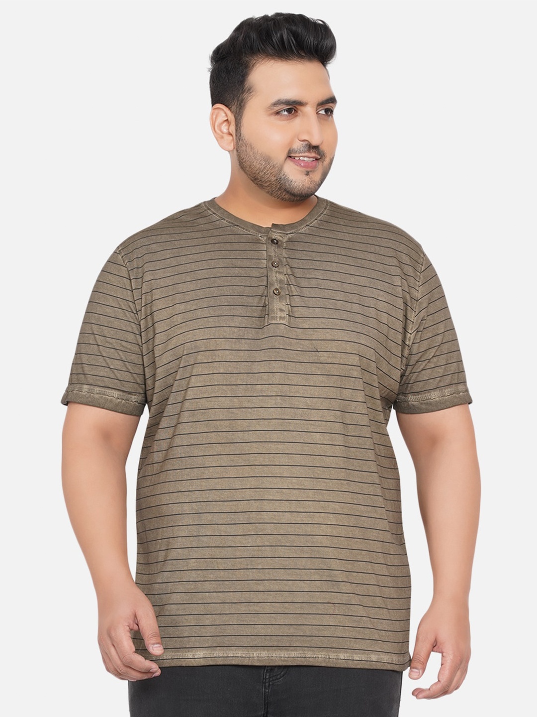 

Santonio Striped Henley Neck Pure Cotton T-shirt, Green