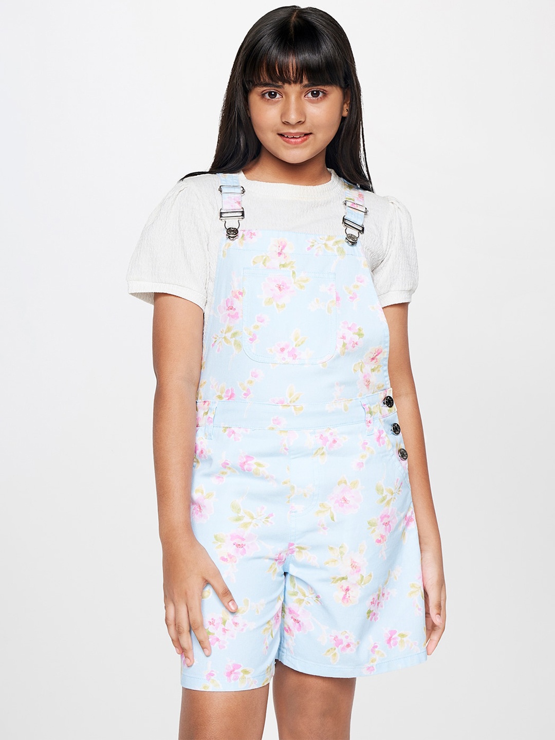 

AND Girls Printed Straight Leg Pure Cotton Dungaree With T-Shirt, Blue