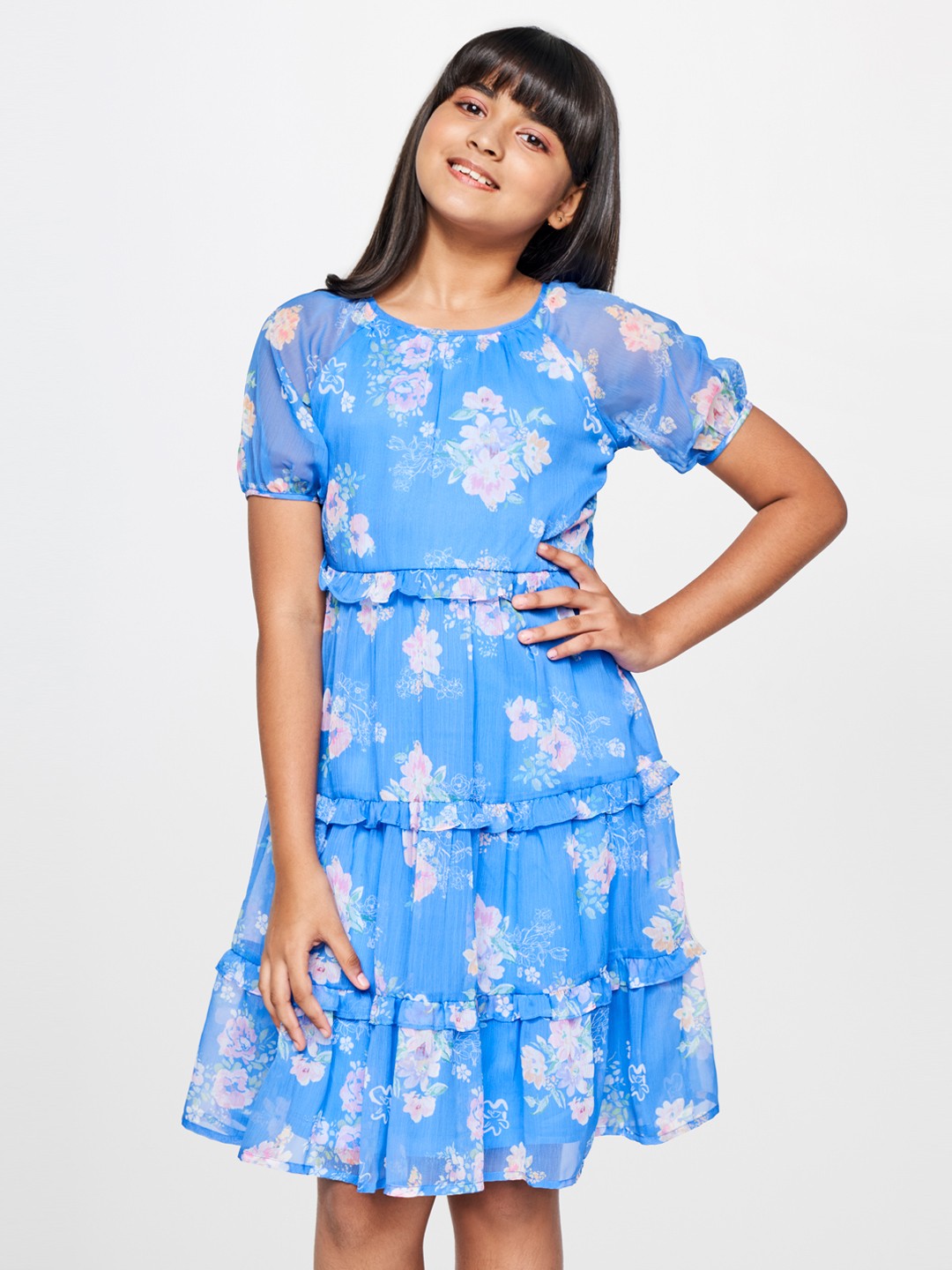 

AND Floral Printed Puff Sleeves Fit & Flare Dress, Blue