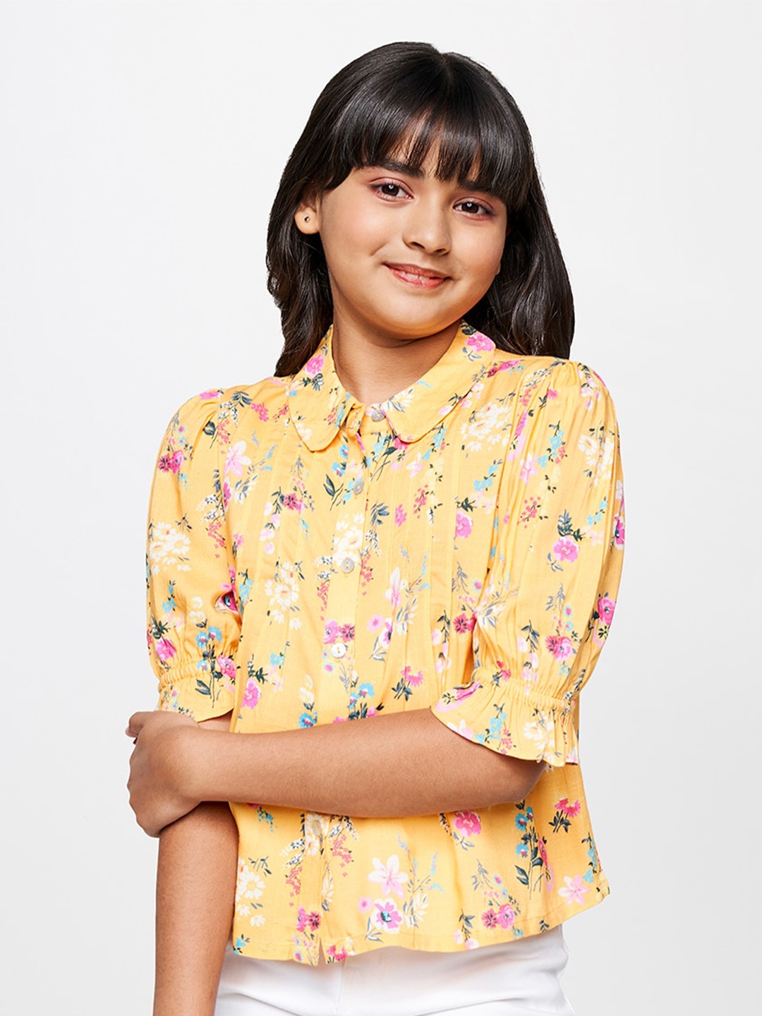 

AND Girls Floral Printed Club Collar Puff Sleeves Shirt Style Top, Yellow