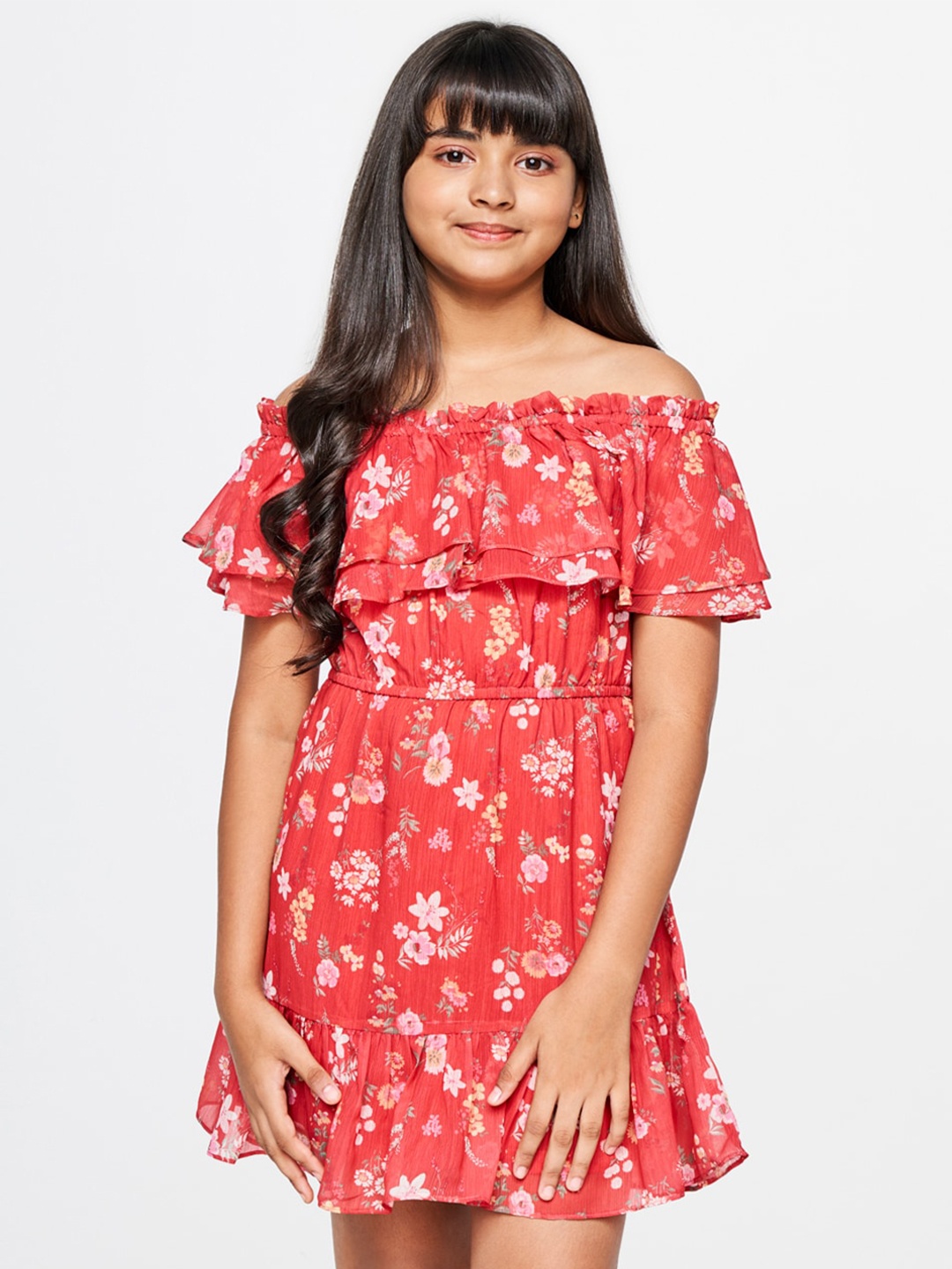 

AND Girls Floral Printed Off-Shoulder Gathered A-Line Dress, Red