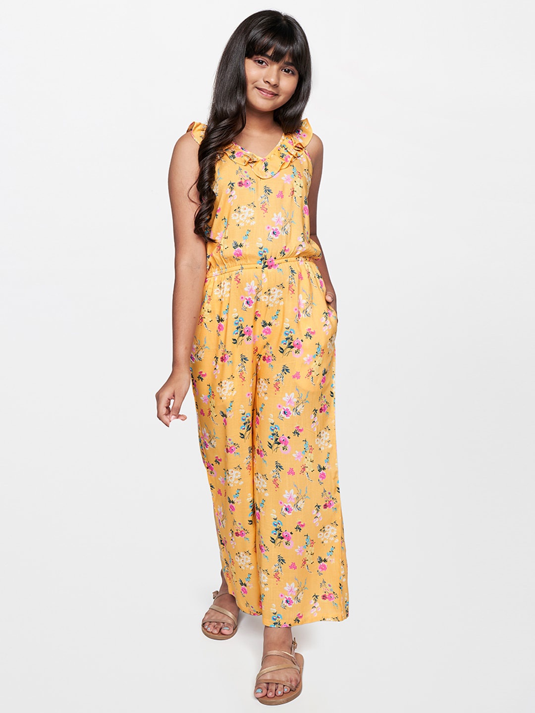 

AND Girls Floral Printed Basic Jumpsuit, Yellow