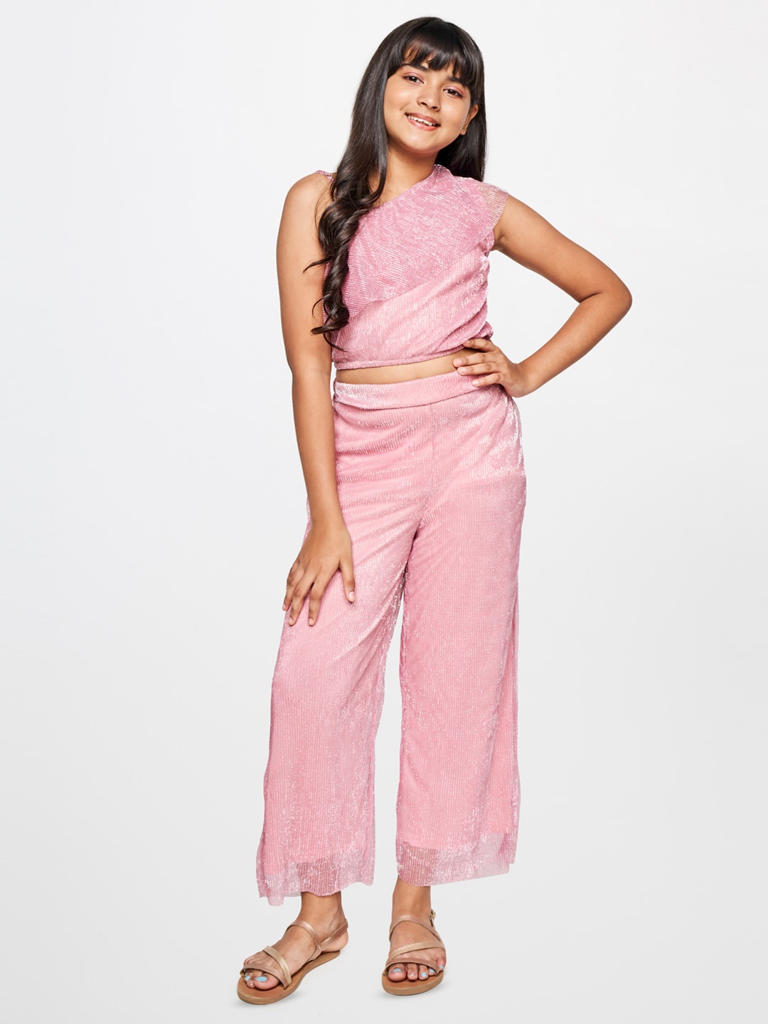 

AND Girls Embellished One Shoulder Top with Palazzos, Pink