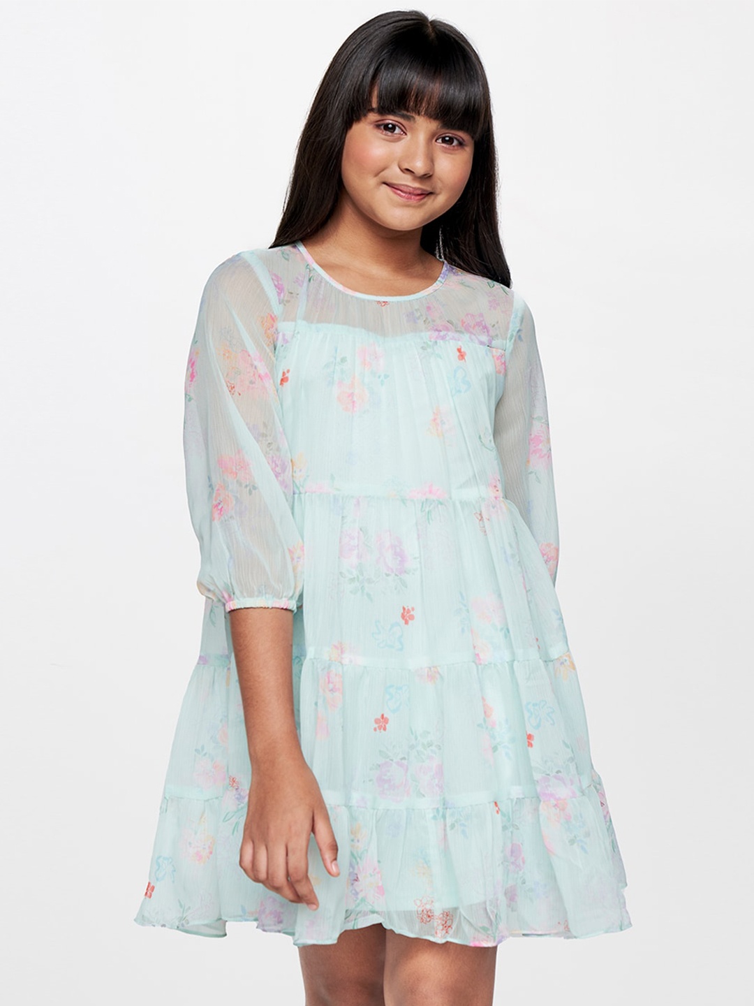 

AND Girls Floral Printed Round Neck Tiered A-Line Dress, Green