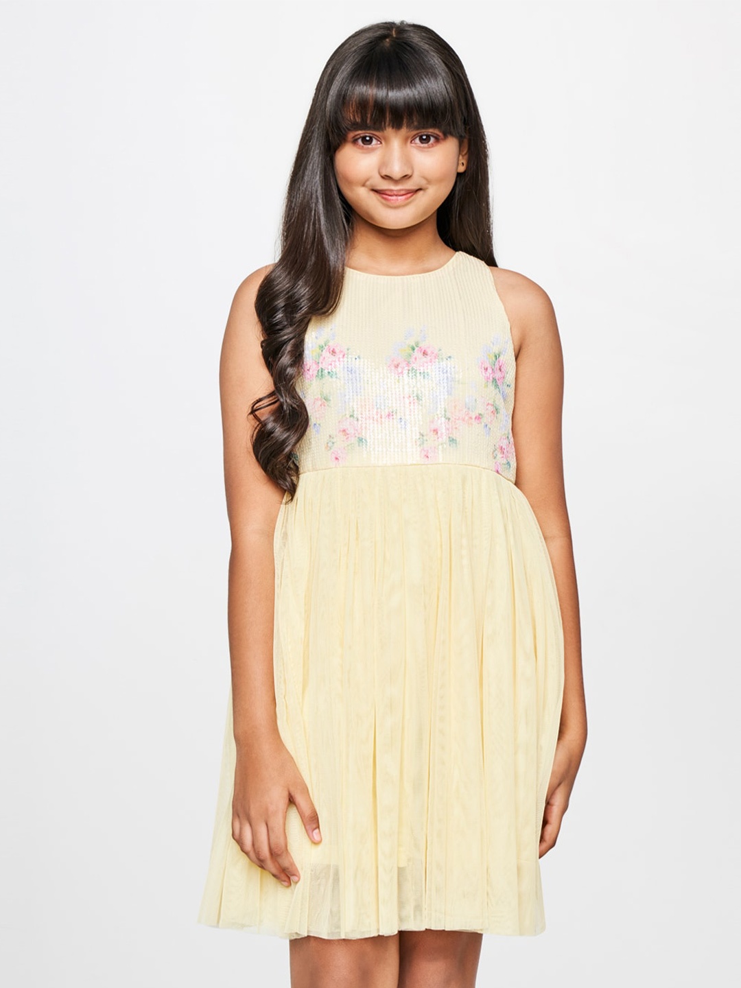 

AND Girls Floral Printed Round Neck Gathered A-Line Dress, Yellow