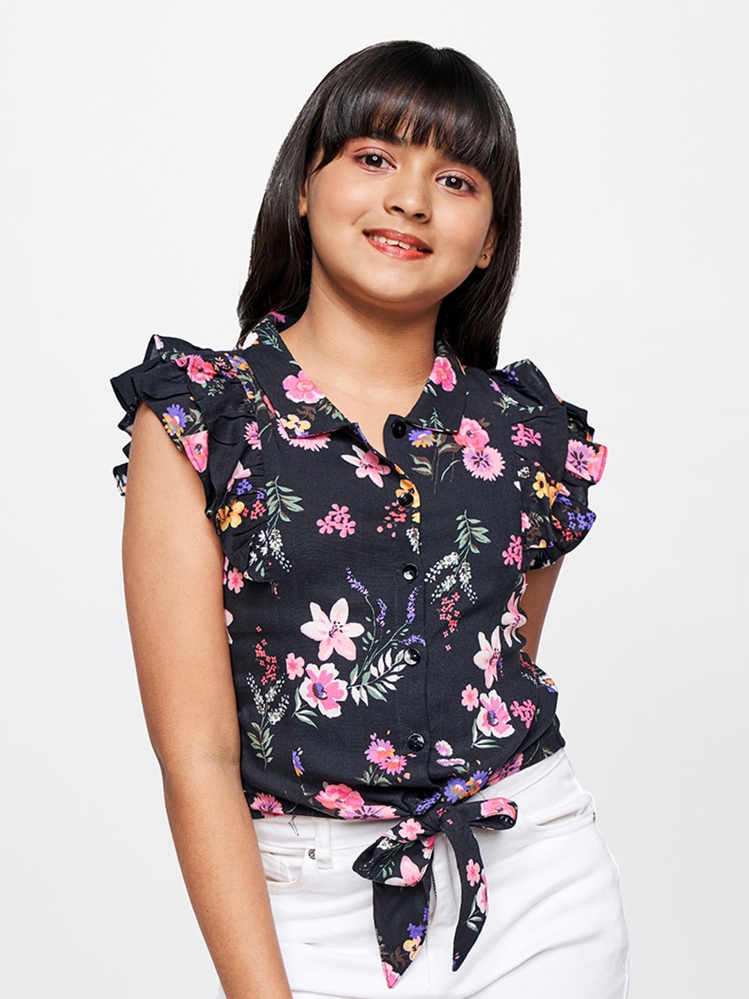 

AND Girls Floral Printed Shirt Collar Flutter Sleeves Shirt Style Top, Black