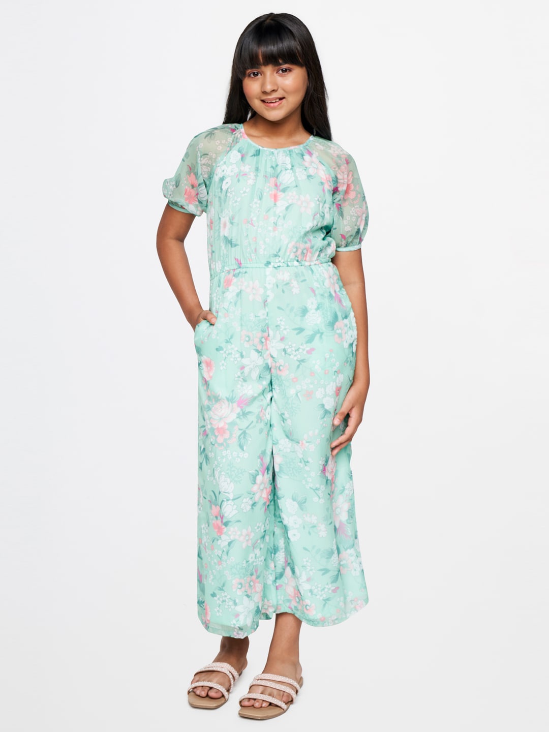 

AND Girls Floral Printed Basic Jumpsuit, Green