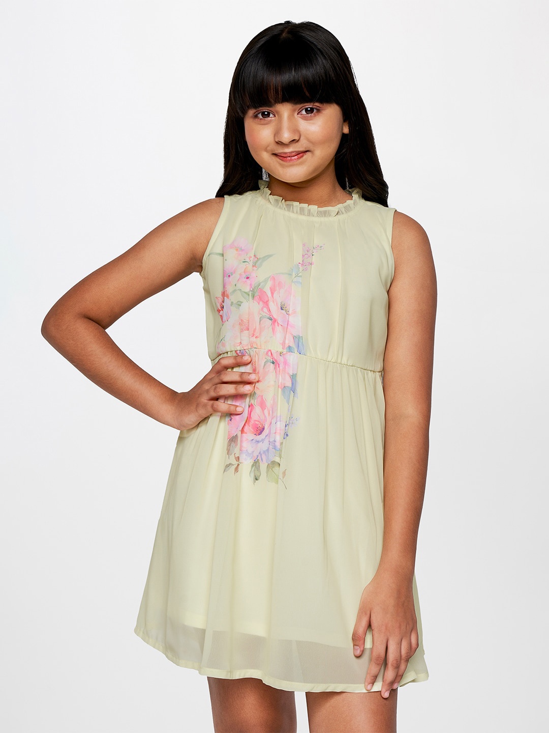 

AND Girls Floral Printed Mock Collar Gathered Sheath Mini Dress, Green