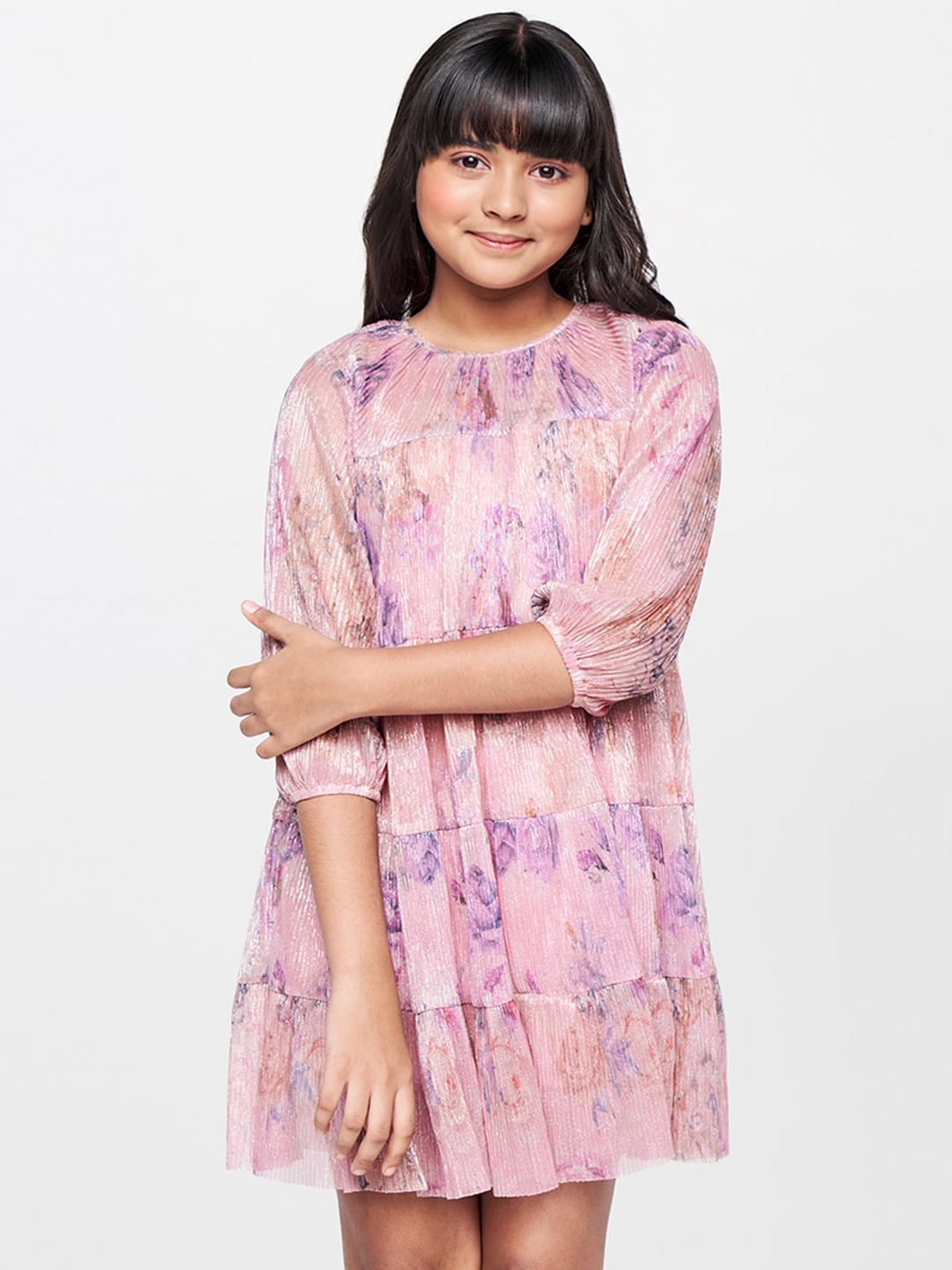 

AND Floral Printed Puffed Sleeves A-Line Dress, Pink