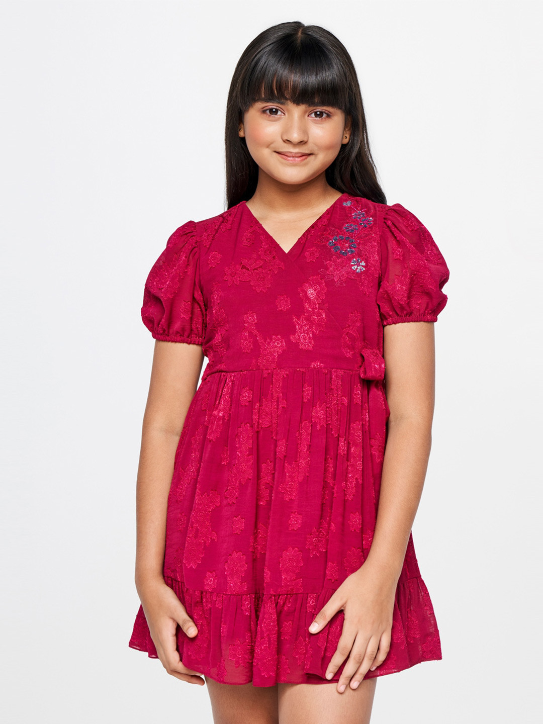 

AND Self Design V-Neck Puff Sleeve Wrap Dress, Red