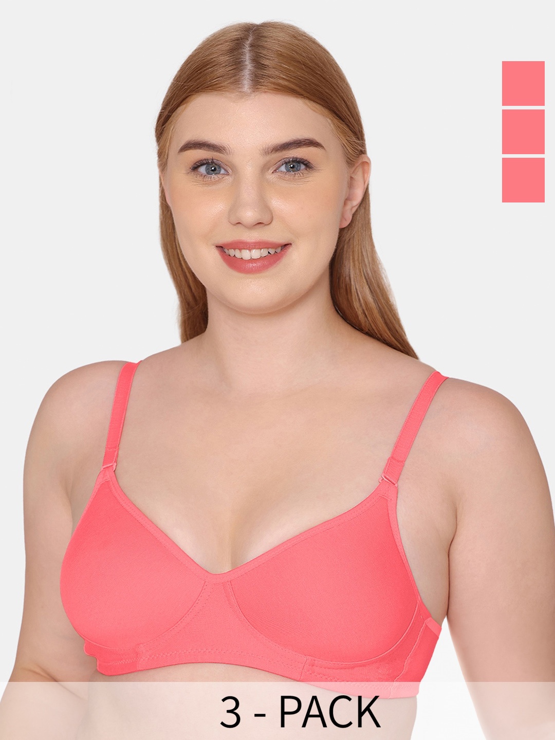 

KOMLI Pack Of 3 Half Coverage Lightly Padded Everyday Bra With All Day Comfort, Coral