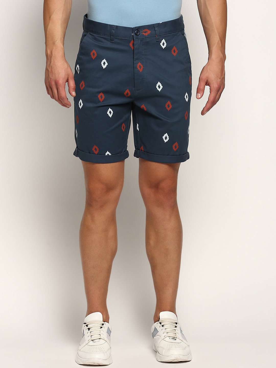 

SHOWOFF Men Geometric Printed Mid Rise Cotton Chinos Shorts, Teal