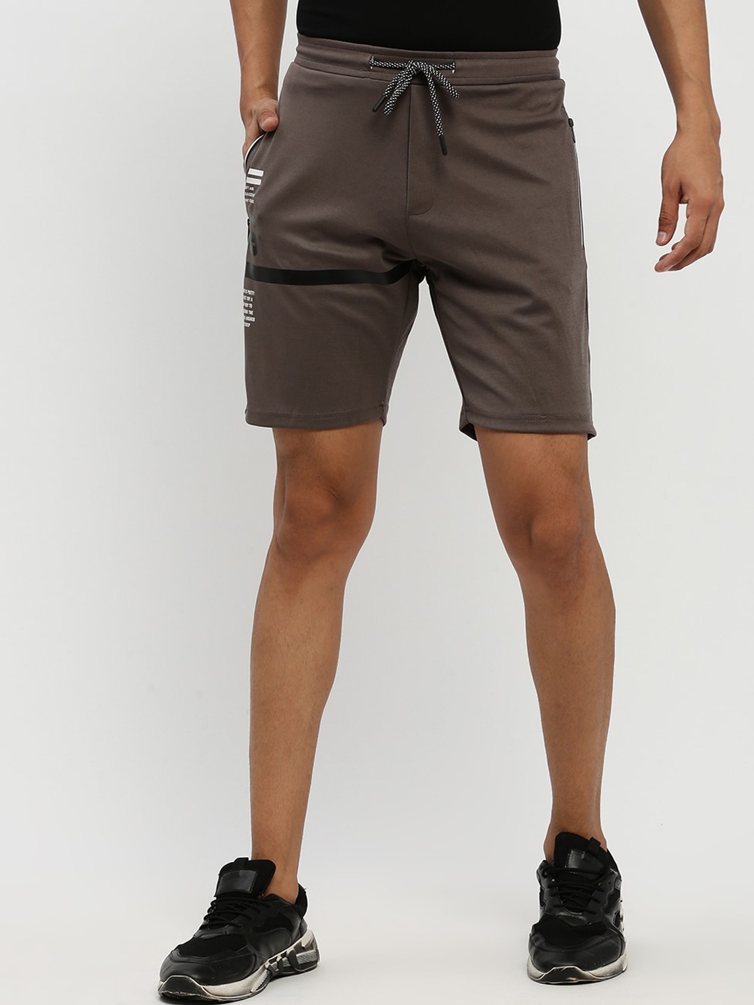 SHOWOFF Men Typography Printed Mid Rise Cotton Sports Shorts, Taupe