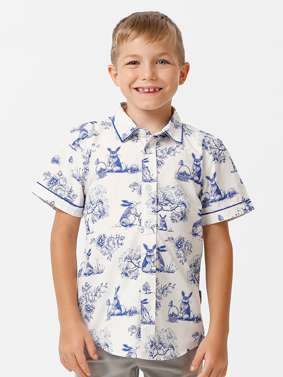 

KATE & OSCAR Boys Smart Conversational Printed Cotton Casual Shirt, White