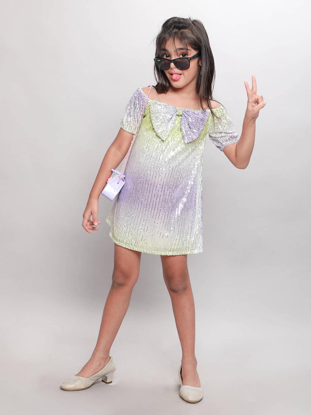 

taffykids Girls Embellished Off-Shoulder A-Line Dress, Green