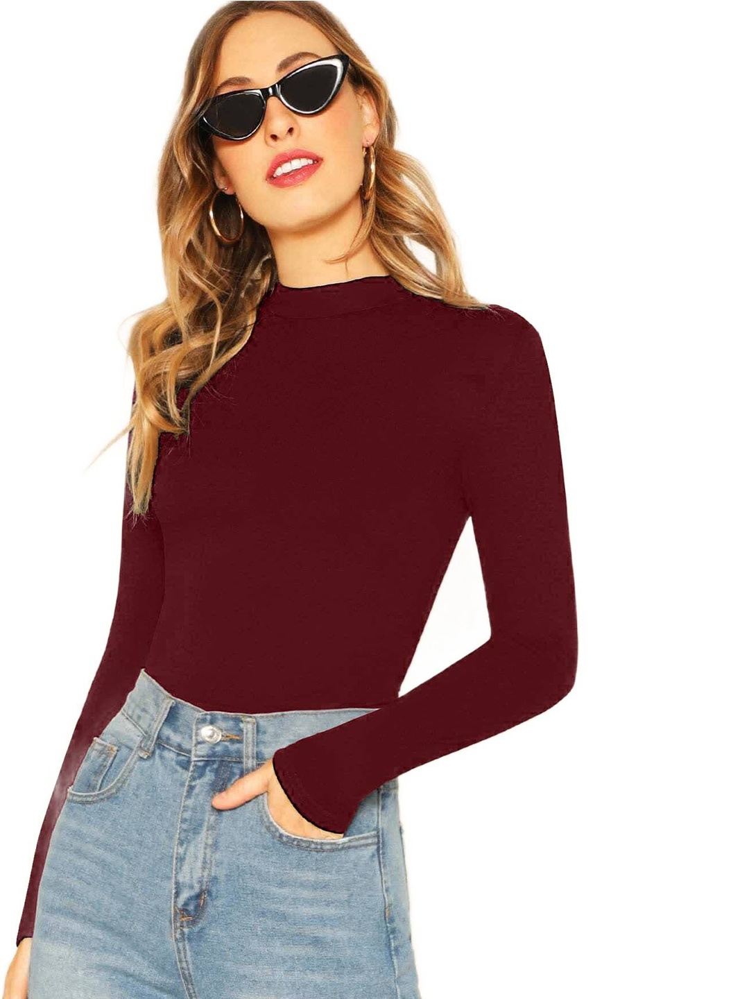 

ELYRAA High Neck Crepe Fitted Top, Maroon