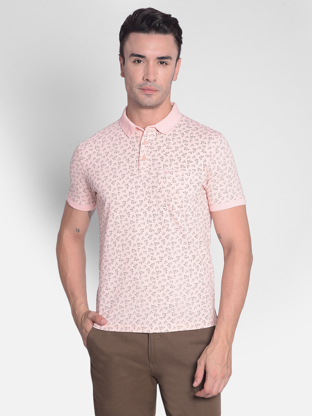 

Crimsoune Club Floral Printed Polo Collar Slim Fit T-shirt, Peach