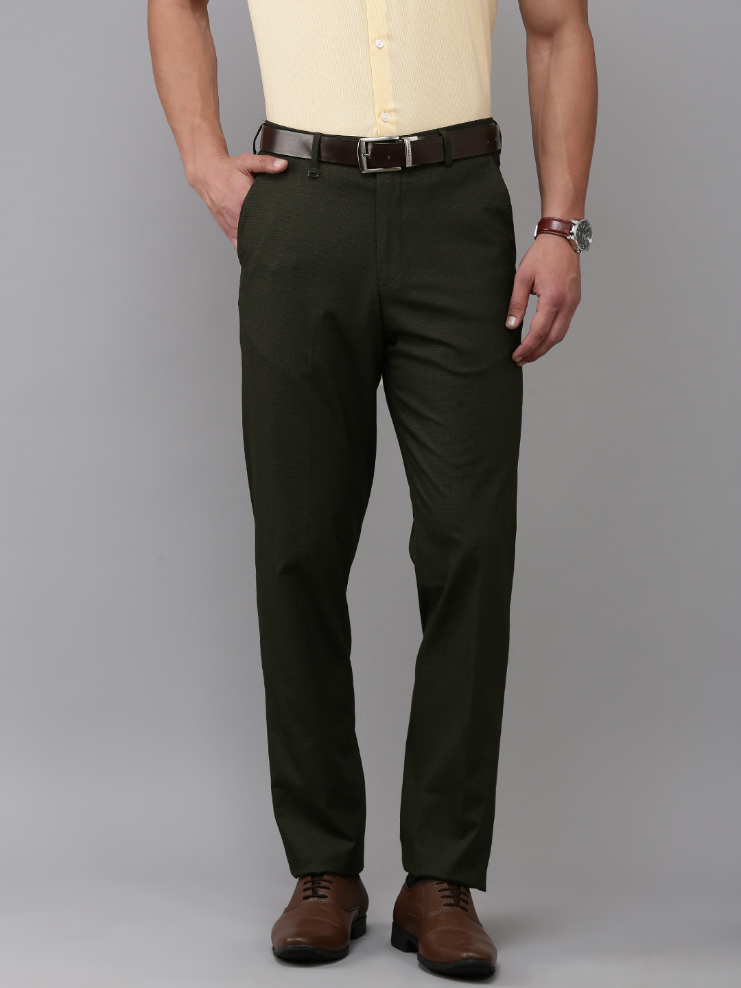 

Van Heusen Men Self Design Textured Custom Fit Formal Trousers, Green