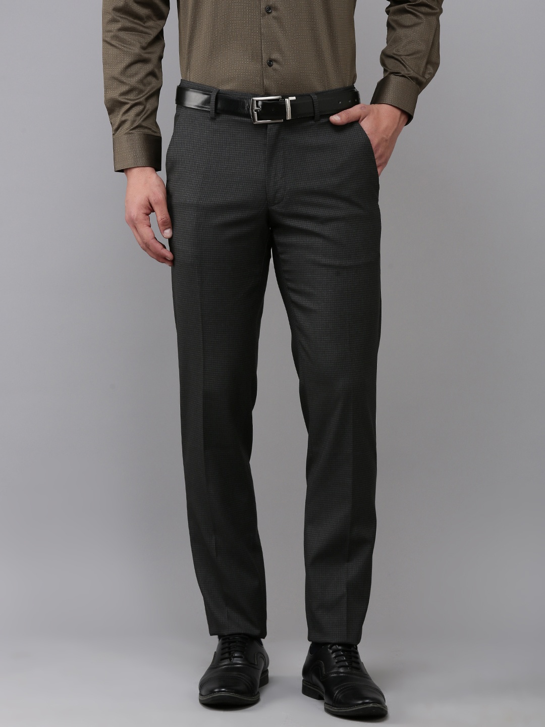 

Van Heusen Men Checked Slim Fit Mid-Rise Formal Trousers, Charcoal