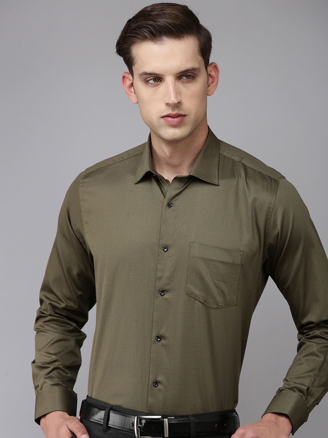 

Van Heusen Pure Cotton Custom Fit Opaque Printed Formal Shirt, Olive