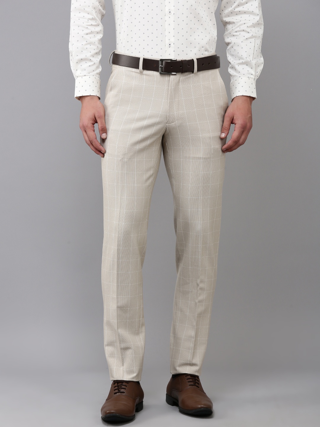 

Van Heusen Men Mid-Rise Checked Slim Fit Trousers, Beige