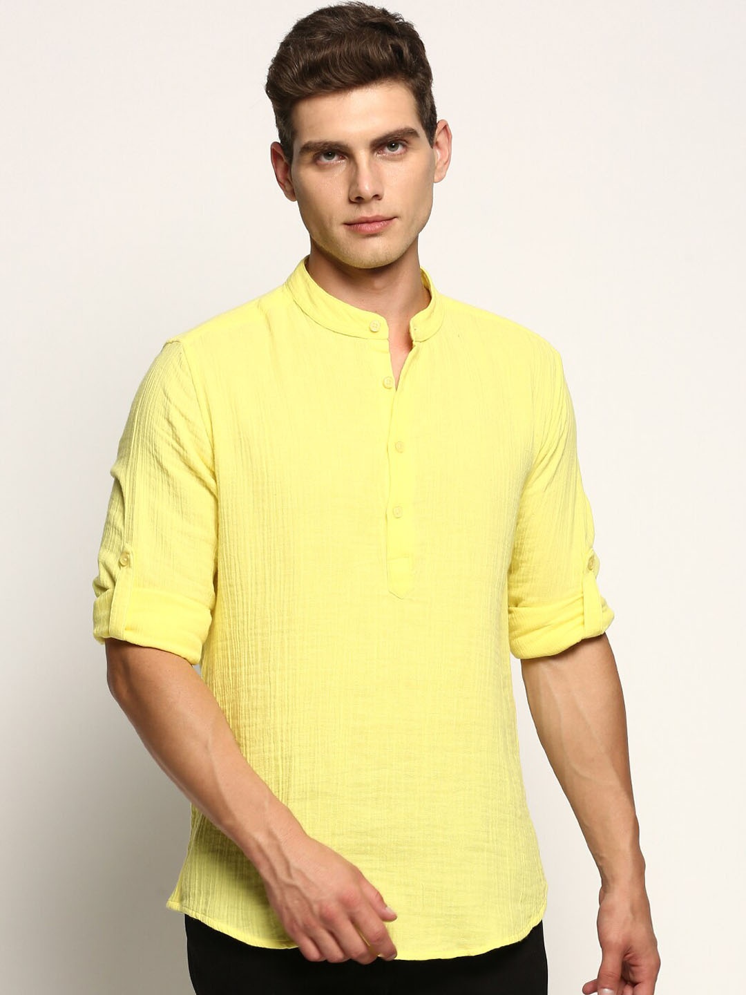 

SHOWOFF Mandarin Collar Roll-Up Sleeves Cotton Straight Kurta, Yellow