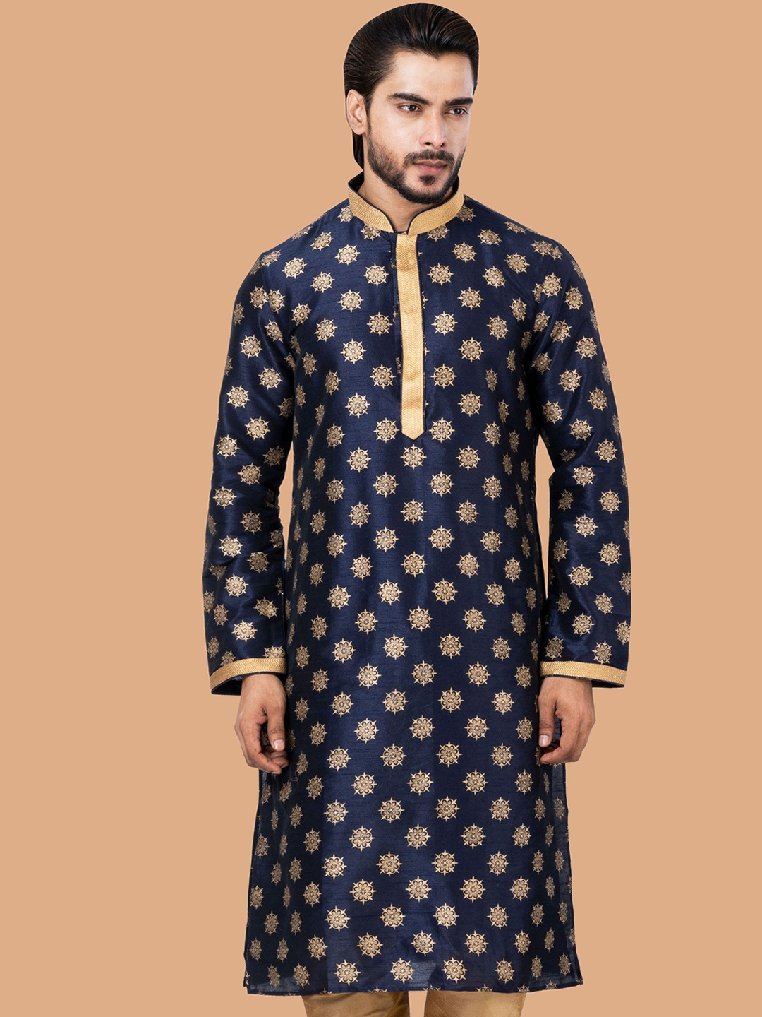 

ROOTED LIBAAS Men Navy Blue Paisley Flared Sleeves Kurta