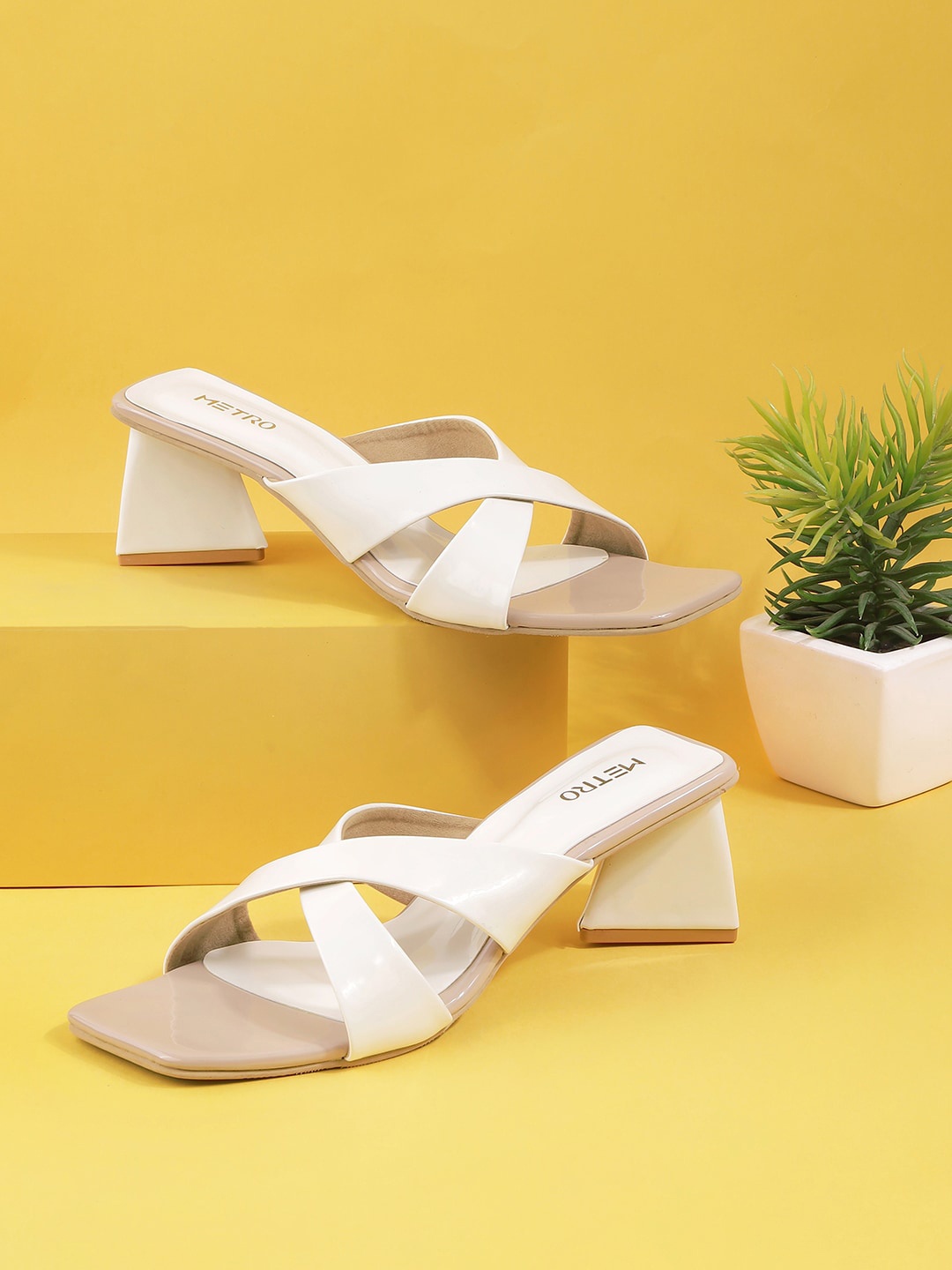 

Metro Cross Strap Open Toe Block Heels, White