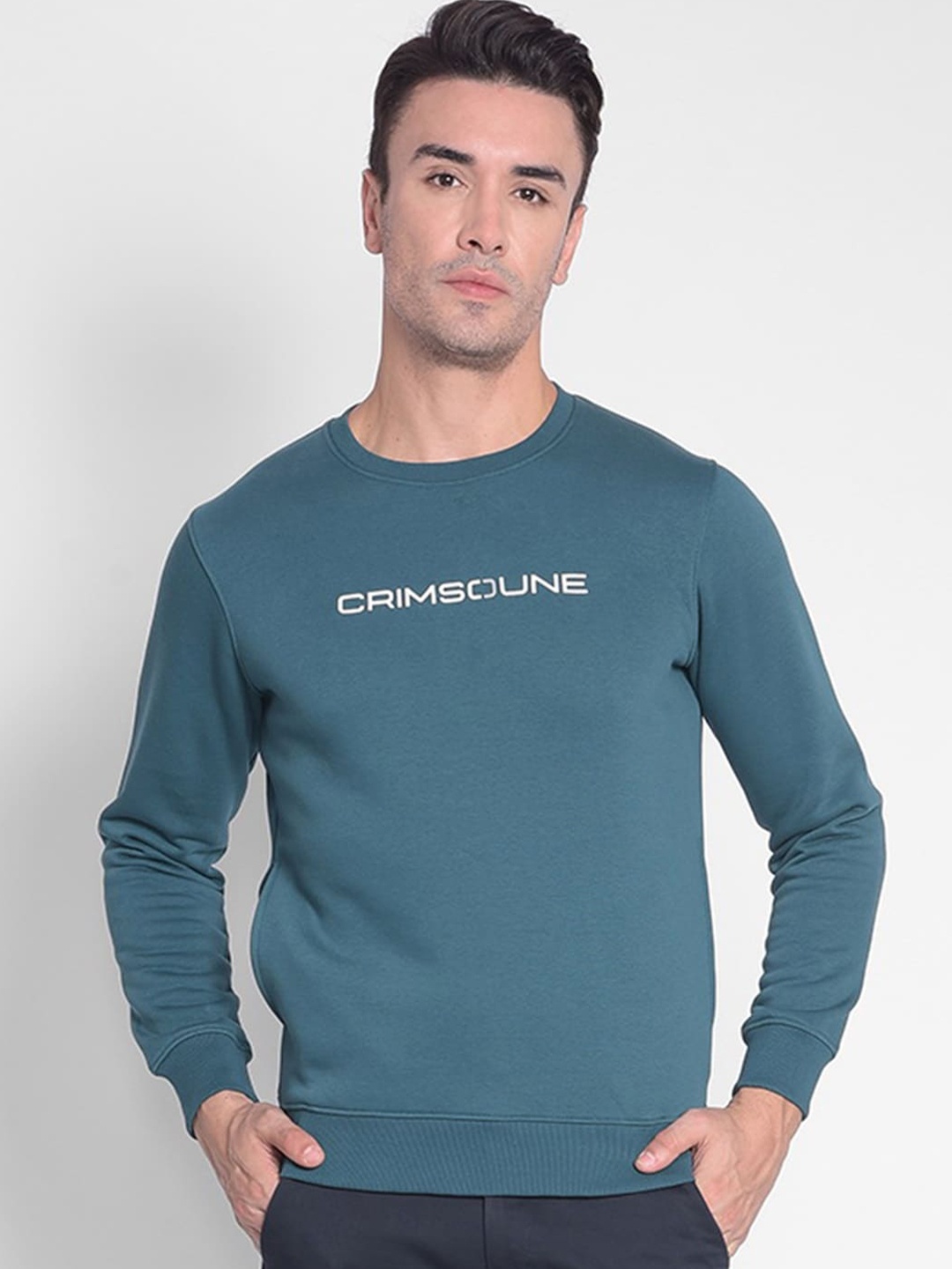 

Crimsoune Club Typography Printed Round Neck Cotton Pullover Sweatshirt, Green