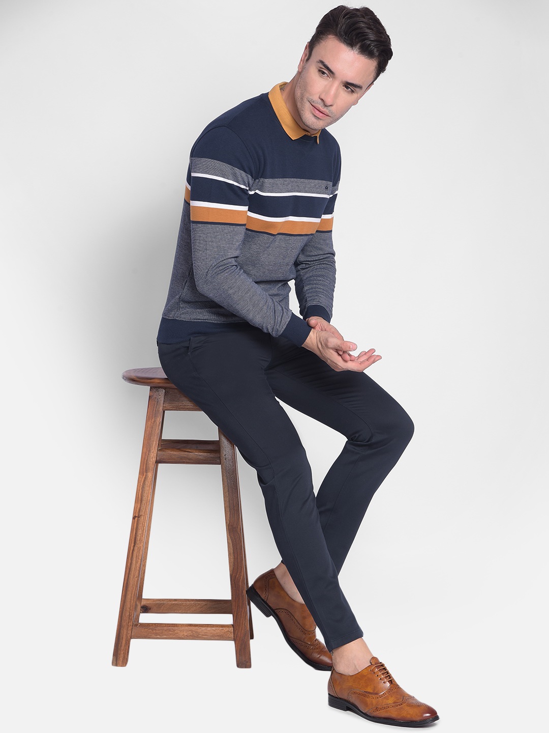 

Crimsoune Club Striped Round Neck Cotton Pullover Sweatshirt, Navy blue