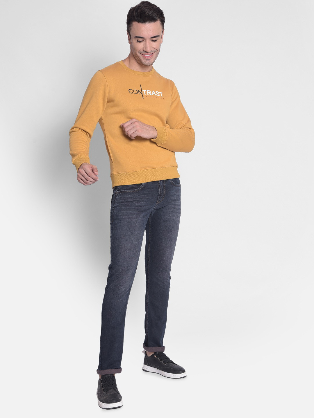 

Crimsoune Club Typography Printed Round Neck Cotton Pullover Sweatshirt, Mustard