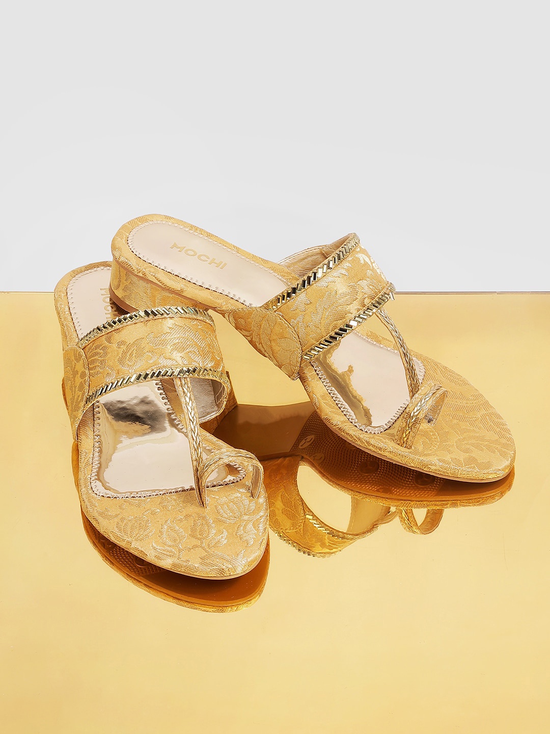 

Mochi Ethnic Woven Design Block Heels, Gold