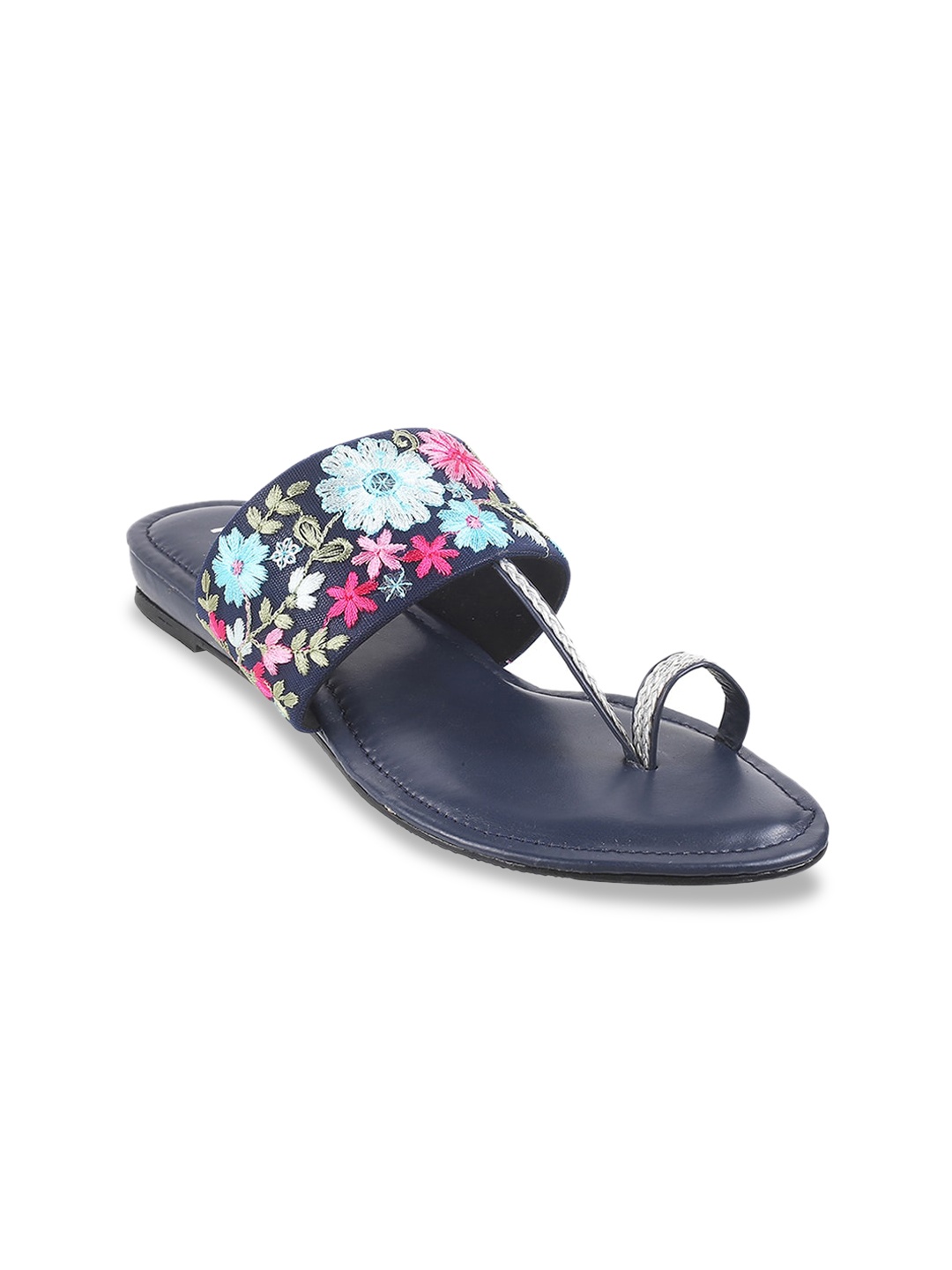 

Mochi Ethnic Floral Embroidered One Toe Flats, Blue