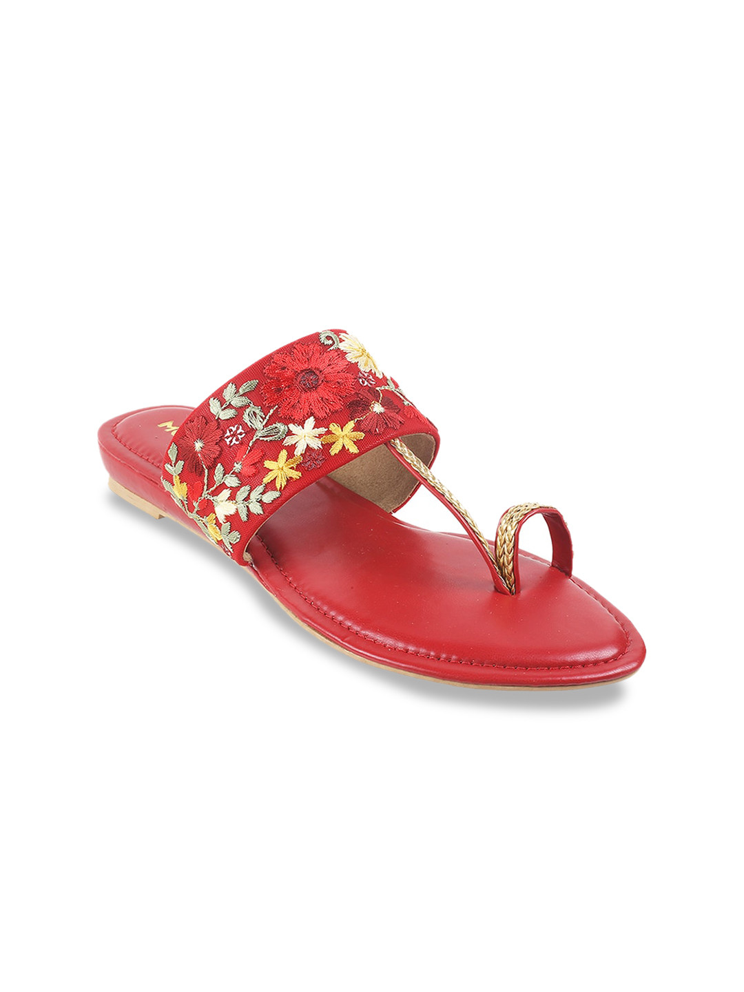 

Mochi Ethnic Floral Embroidered One Toe Flats, Red